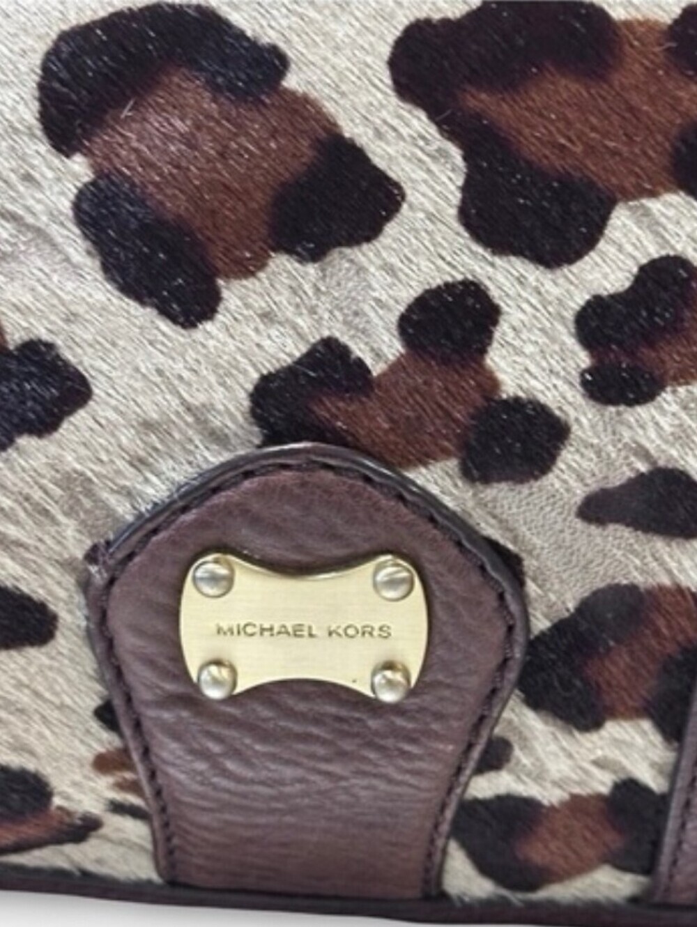 Michael Kors Leopard Print Calf Hair Hobo Bag Brown Leather Shoulder Purse - Picture 2 of 10